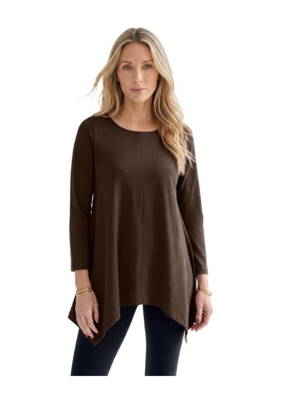 Long sleeve tunic top with handkerchief hem